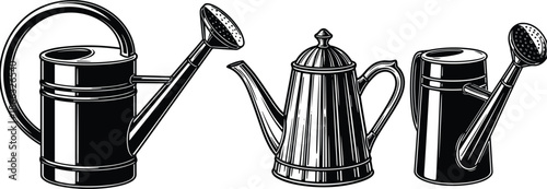 Garden watering cans vector illustration set, vintage metal watering tools collection, black and white hand drawn gardening equipment isolated design