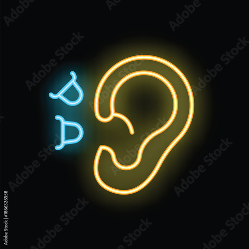 Bright neon icon of an ear receiving sound waves, representing the concepts of listening and audio