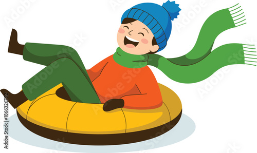 Happy cartoon boy tubing down snowy hill wearing winter hat scarf enjoying fun outdoor activity smiling excited child in inner tube illustration for seasonal holiday recreational family vacation cheer