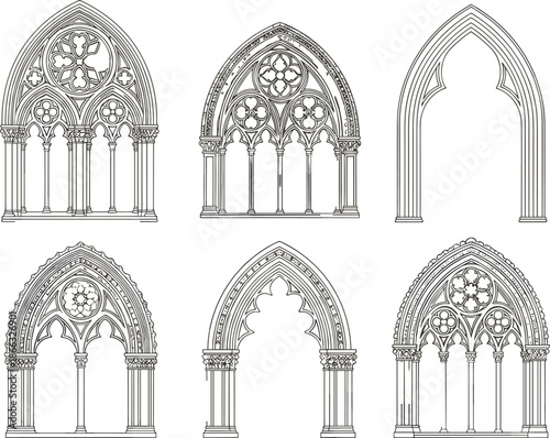 Gothic window and arch illustration, rose window design, pointed arches, medieval tracery, ornate stone structure, historic architecture, vertical elegance