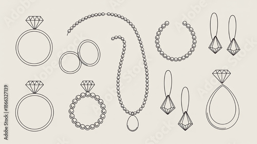 Collection of elegant diamond jewelry icons including rings necklaces and earrings presented in a minimalist line art style for luxury branding and design