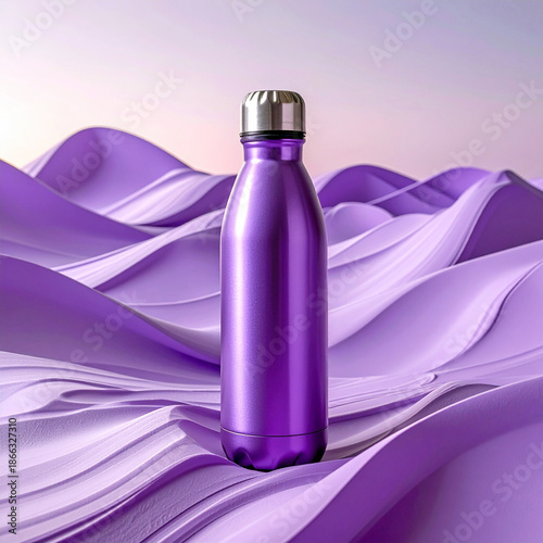 Purple aluminum water bottle on abstract wave background