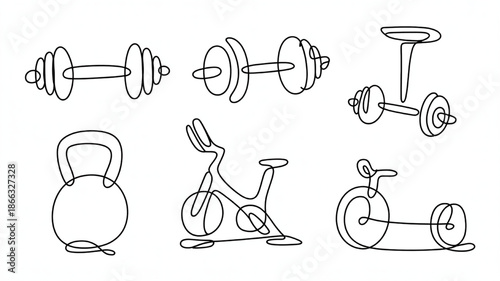 Collection of continuous line art fitness equipment icons including dumbbells kettlebell and exercise bikes perfect for health and wellness concepts