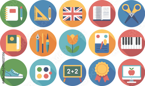 Colorful school education flat icon set collection for learning studying and academic success vector illustration of educational tools supplies and teaching aids for back to school designs and creativ