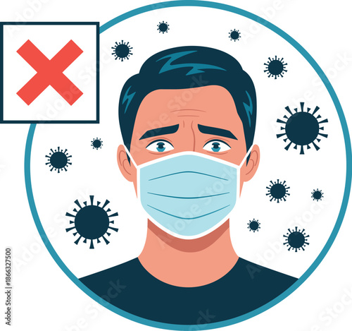 Sad man wearing protective face mask surrounded by virus with prohibited sign concept illustration for healthcare awareness campaigns and social distancing guidelines during global health crisis and i