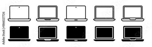 Vector isolated Open Laptop icon set in black outline and fill