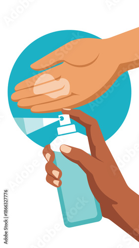 Diverse hands using sanitizer spray for hygiene protection and virus prevention in healthcare settings personal care product illustration for medical advertising and health awareness campaigns during