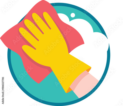 Hand in yellow glove wiping surface with pink cloth cleaning dirt and grime in circular motion for home or office hygiene and sanitation with soapy bubbles housekeeping and maintenance in vibrant mode