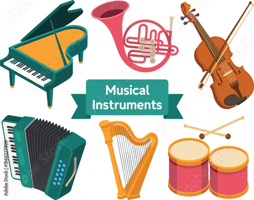 Collection of Musical Instruments Piano Violin Accordion Harp Horn and Drums for Orchestra Band Performance Concert Learning and Music Education in Schools and Arts Programs Vector Graphic Resource Il