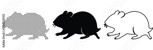 Three stylized representations of a hamster: pixelated, solid black, and outline