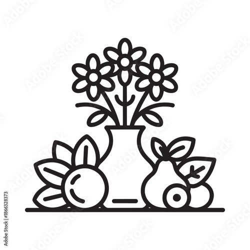 A still life illustration featuring flowers fruit and a vase in outline