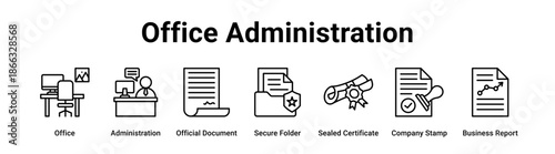 Office Administration web banner icon vector illustration concept for business with icon of Office, Administration, Official Document, Secure Folder, Sealed Certificate, Company Stamp.