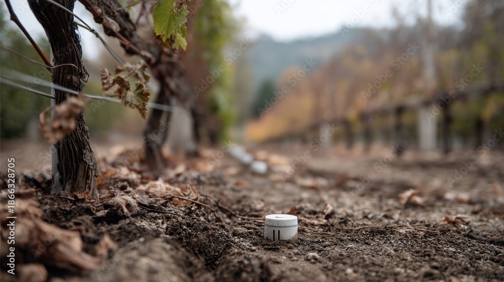 Obraz premium Immersive view of the vineyard floor focusing on weatherproofed sensors buried in soil capturing moisture levels while vines stretch out in the background showcasing precision farming.