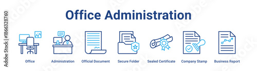 Office Administration web banner icon vector illustration concept for business with icon of Office, Administration, Official Document, Secure Folder, Sealed Certificate, Company Stamp.