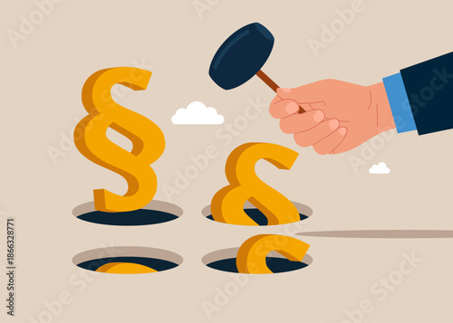 Hand holding hammer hitting the paragraph symbols in a mole hole. Playing hamster game. Flat vector illustration