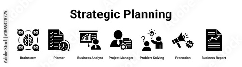 Strategic Planning web banner icon vector illustration concept for business with icon of Brainstorm, Planner, Business Analyst, Project Manager, Problem Solving, Promotion.