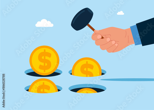 Hand holding hammer hitting the dollar coins in a mole hole. Playing hamster game. Flat vector illustration