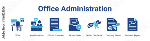 Office Administration web banner icon vector illustration concept for business with icon of Office, Administration, Official Document, Secure Folder, Sealed Certificate, Company Stamp.