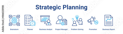 Strategic Planning web banner icon vector illustration concept for business with icon of Brainstorm, Planner, Business Analyst, Project Manager, Problem Solving, Promotion.