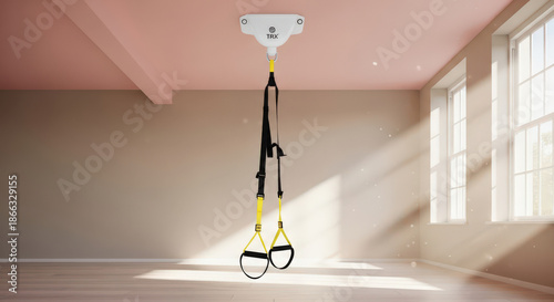 TRX Suspension Trainer System Hanging from Ceiling Mount in Bright Room with Natural Light Streaming Through Windows for Home Fitness and Strength Training
