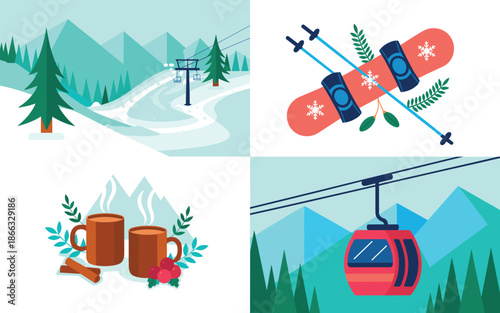 Beautiful Winter Ski Resort Scenery with Gondola Lift Snowboard and Hot Chocolate in a Cozy Setting Ideal for Winter Holiday Vacation Travel and Tourism Marketing Materials and Advertising Campaigns a