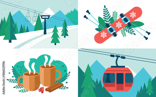 Winter vacation snowboarding and skiing in mountains resort with cable car and hot chocolate cups with cinnamon sticks vector illustration for travel holiday adventures seasonal recreation and relaxat