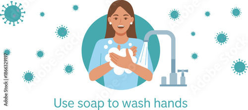 Young woman washing hands with soap under running water protecting against viruses bacteria for personal hygiene and health during pandemic outbreak in medical healthcare educational illustration prom