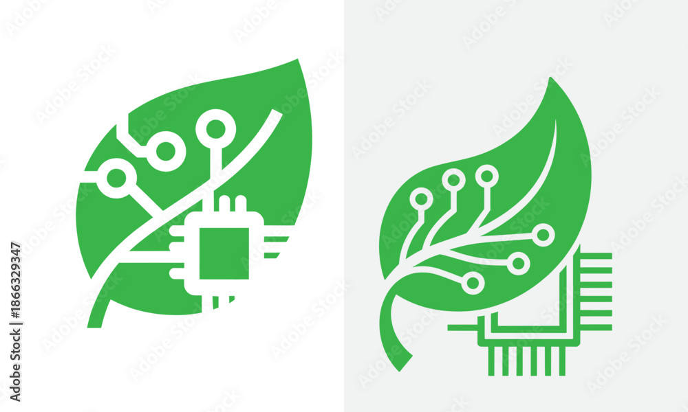 Obraz premium Green leaf with circuit board pattern and electronic components