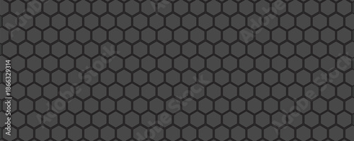 Dark grey abstract wide horizontal banner with hexagon carbon fiber grid and orange luminous lines. Technology vector background with orange neon lines