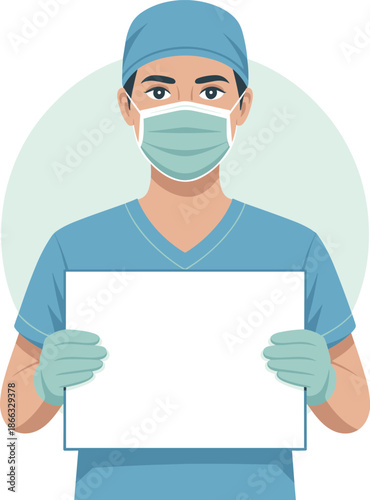 Professional male surgeon doctor holding blank white sign wearing surgical mask gloves and scrubs in hospital healthcare setting for medical advertisement presentation or health awareness campaign vec