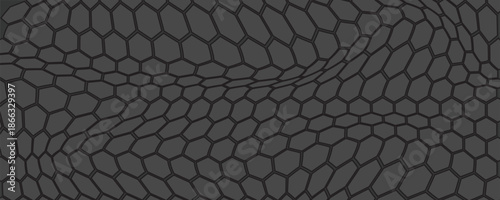 Dark grey abstract wide horizontal banner with hexagon carbon fiber grid and orange luminous lines. Technology vector background with orange neon lines