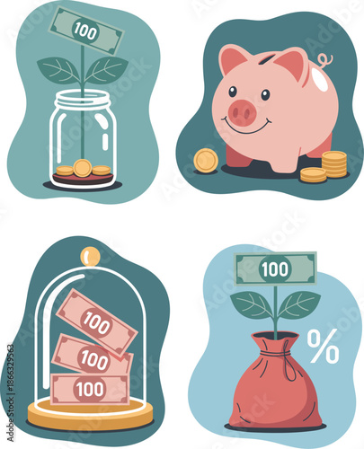 Money saving and investment concept illustration showing growth and financial planning cartoon style piggy bank savings jar money bag assets icon set for business finance e-commerce success and future