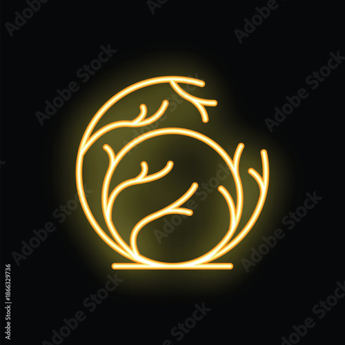Yellow neon icon of a cabbage glowing on a black background