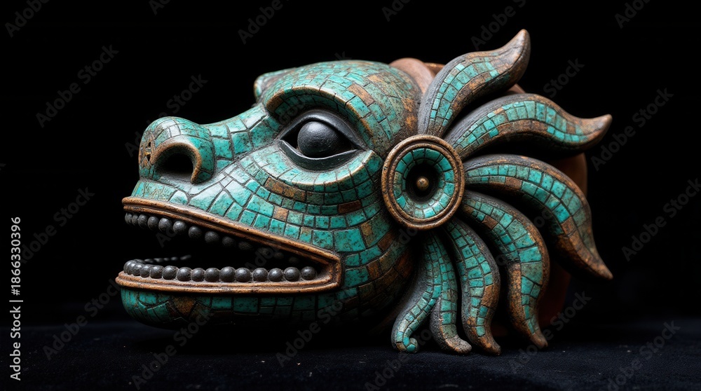 Fototapeta premium A detailed look at an Aztec ceremonial mask made of turquoise mosaic and obsidian, photographed on black velvet to highlight its craftsmanship and spiritual significance — ancient artistry, sacred