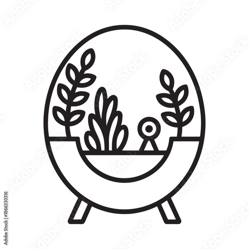 A simple line drawing of a terrarium with various plant life inside