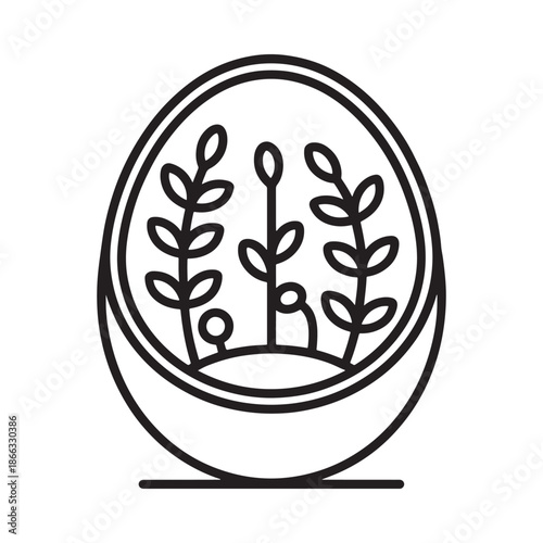 Minimalist line art illustration of a terrarium with leafy plants inside