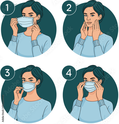 Step by step guide on woman wearing protective face mask for virus protection in healthcare setting demonstrating correct procedure disease prevention methods for medical presentations educational hea
