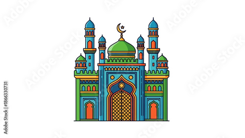 Vibrant illustration of a mosque with blue, green, and orange hues, featuring a large central dome and minarets against a white background.