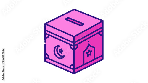 A pink and purple illustration of a ballot box with a crescent moon and star on a white background, in a simple line drawing style.