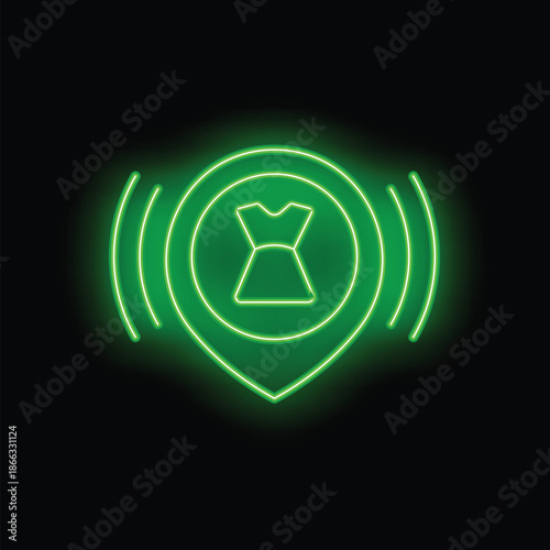 Green neon gps pointer indicating the location of a cocktail dress, possibly a store or an event
