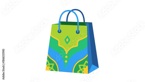 Colorful shopping bag with blue handles and vibrant green, blue, and yellow design on a white background.