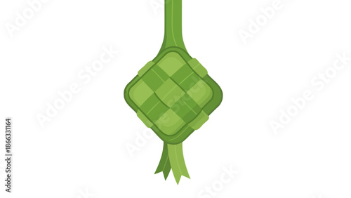 A woven green ketupat on a white background with a long stem and leafy tail.
