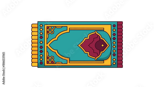 Vibrant, colorful rug with intricate patterns and designs on a white background, showcasing a teal and yellow border with a red center.