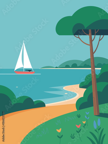 Stylized sailboat sailing along ocean coastline with sandy beach and green hillsides in summer sunshine scenic tropical landscape illustration for travel and tourism marketing promotions vacation dest