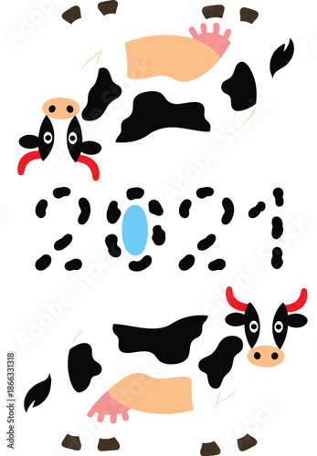 Cartoon cows celebrate 2021 new year illustration with cute black and white spotted farm animals jumping cheerfully amidst fluffy clouds for festive seasonal greeting cards childrens book decoration a