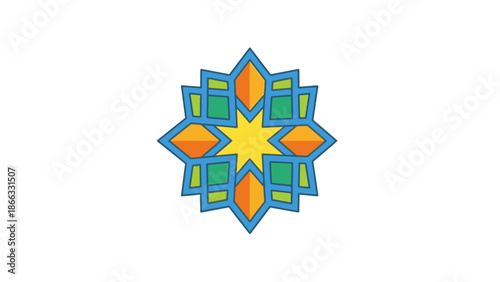 A colorful, symmetrical graphic design featuring a starburst pattern with blue, green, orange, and yellow shapes on a white background.