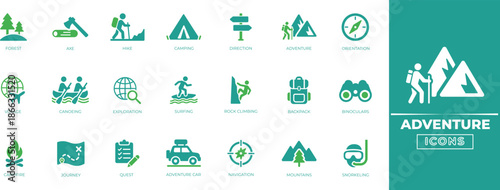 Adventure icon set with travel, camping, map, direction, discovery, exploration, nature, and journey symbols for websites, apps, and branding