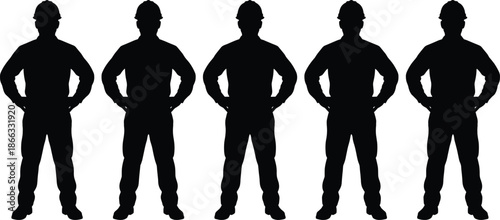 Black silhouette construction workers standing confidently in row wearing safety helmets isolated on white background industrial workforce concept