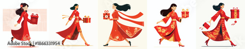 vector of woman walking carrying Chinese New Year gift