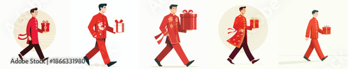 vector of man walking carrying Chinese New Year gift